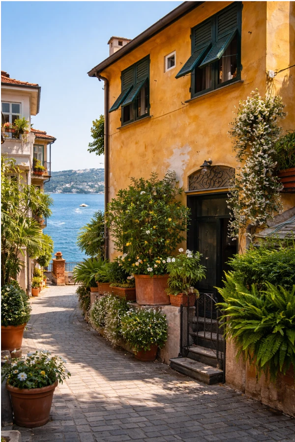 A charming, sun-drenched Italian street with yellow buildings, flower pots, and a view of the sea.