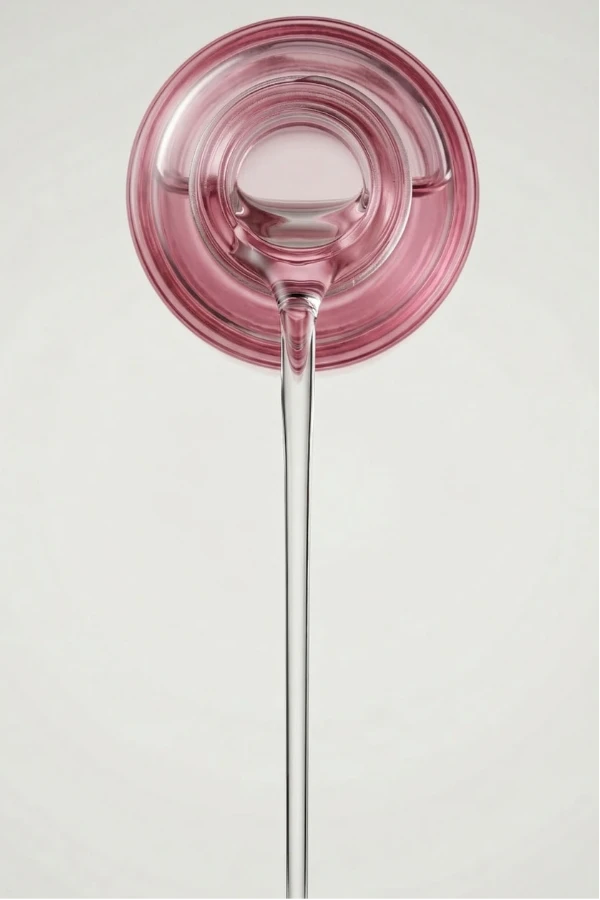 A close-up photograph of a Zionhealth glass pipette dripping a single drop of clear liquid into a pink-tinted dish.