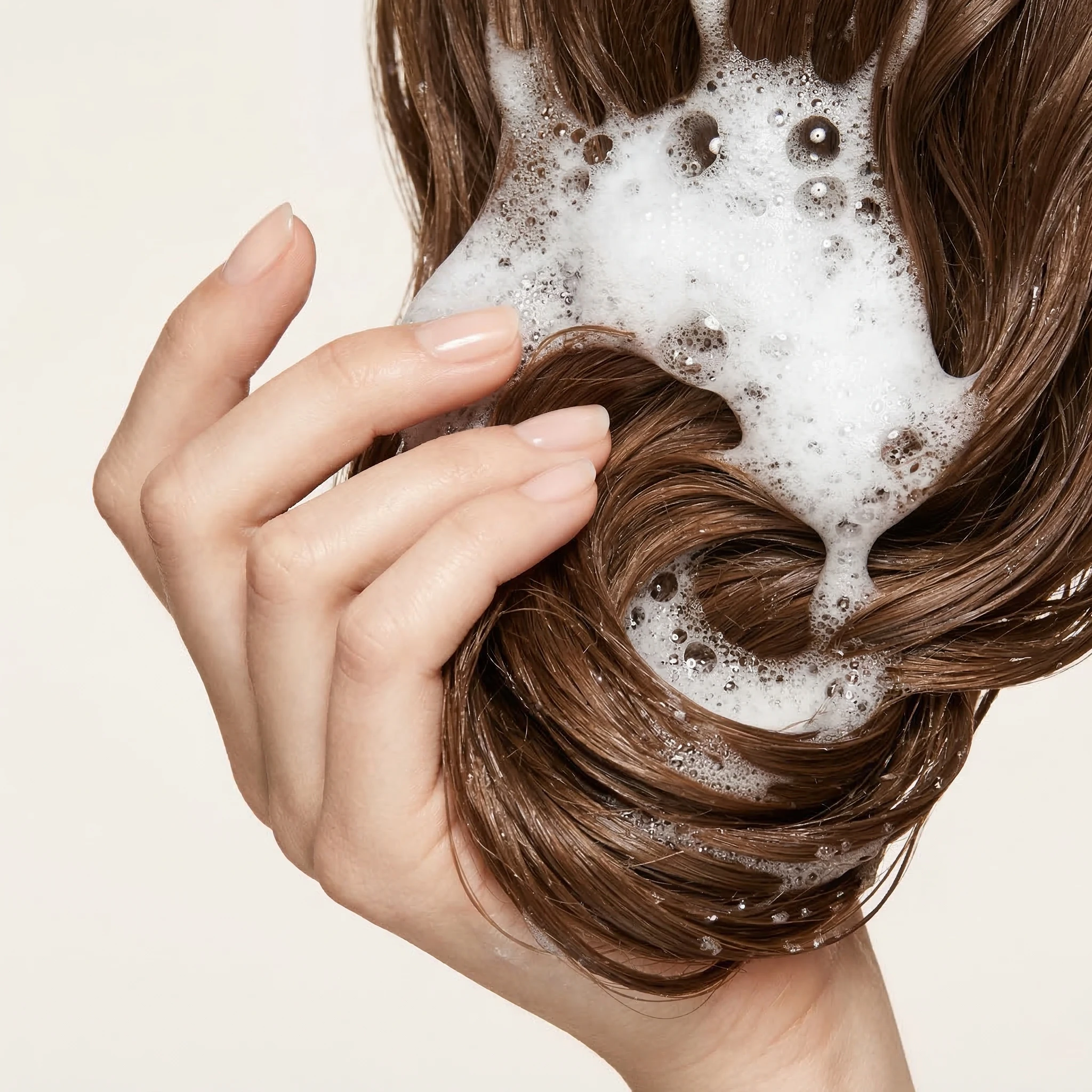 Close-up of a hand holding long brown hair covered in shampoo foam during washing.