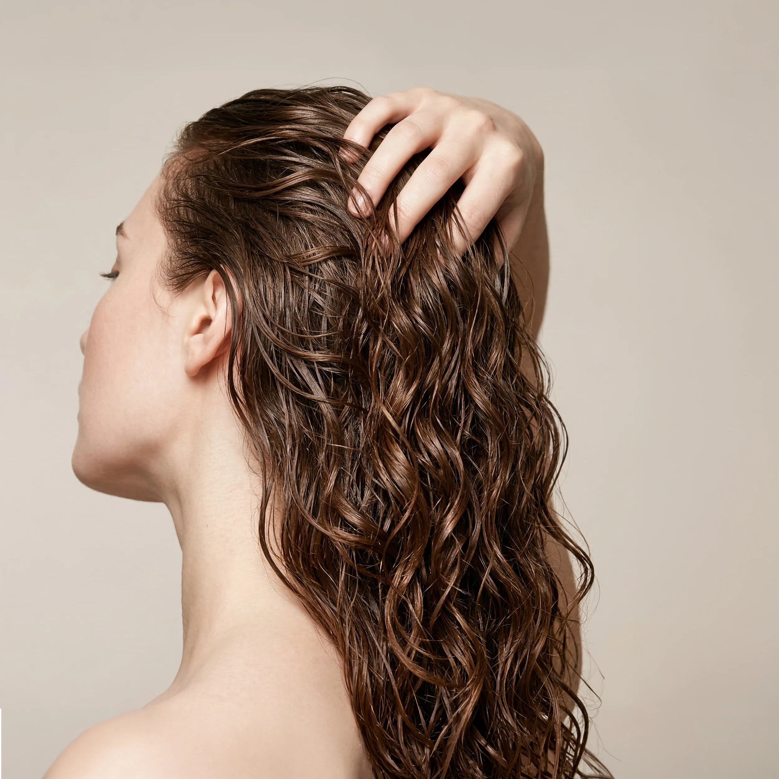 Back view of a woman with wet curly hair massaging her scalp during a hair washing routine.