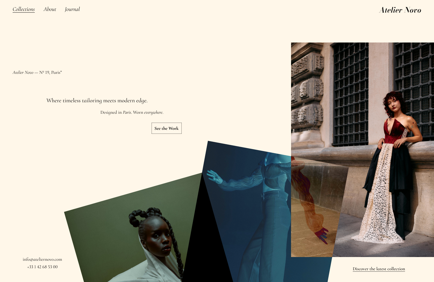 Fashion brand homepage showcasing couture photography and geometric collage layout.