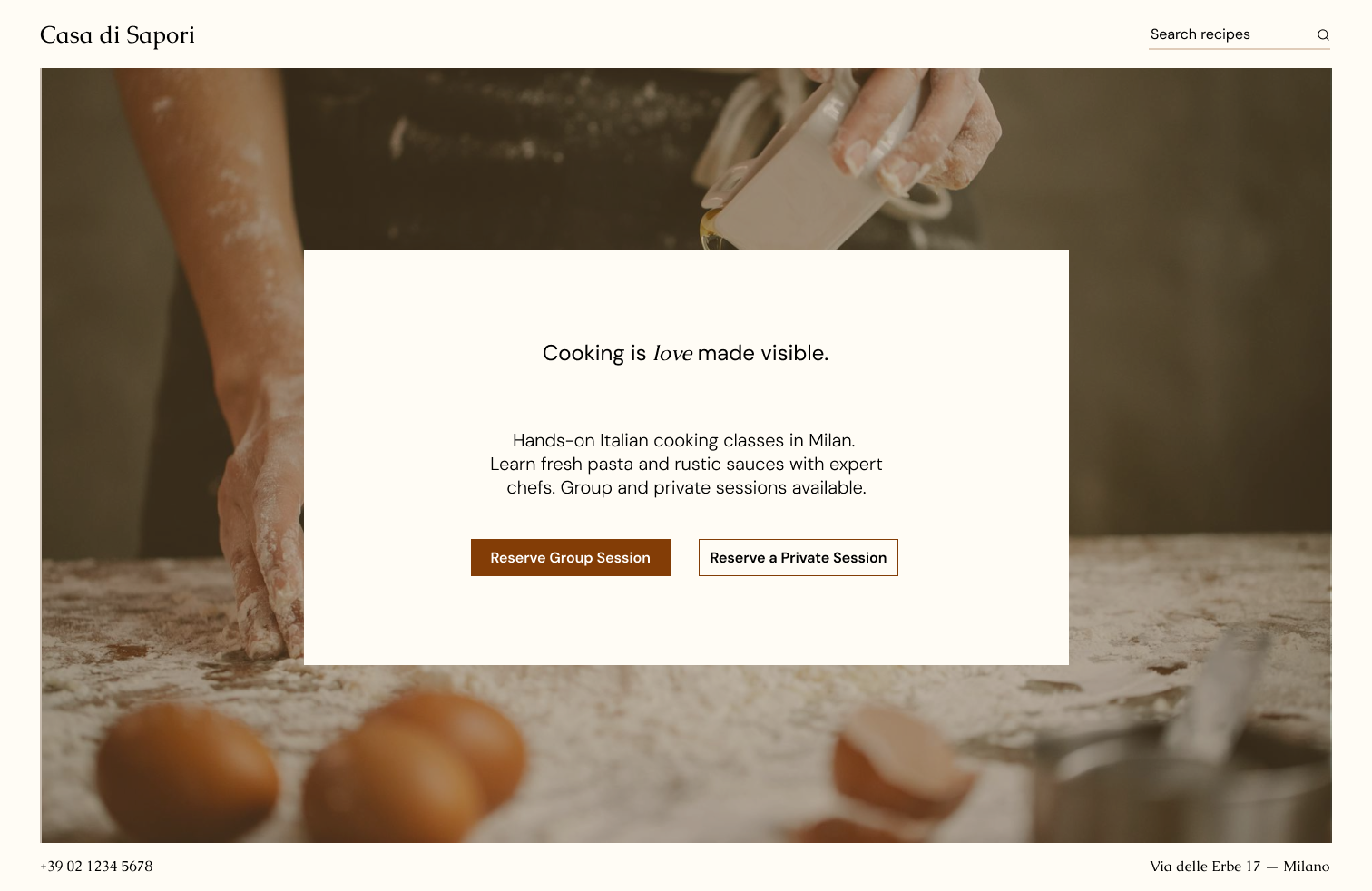 Cooking class website design with large food photography and centered call-to-action panel.