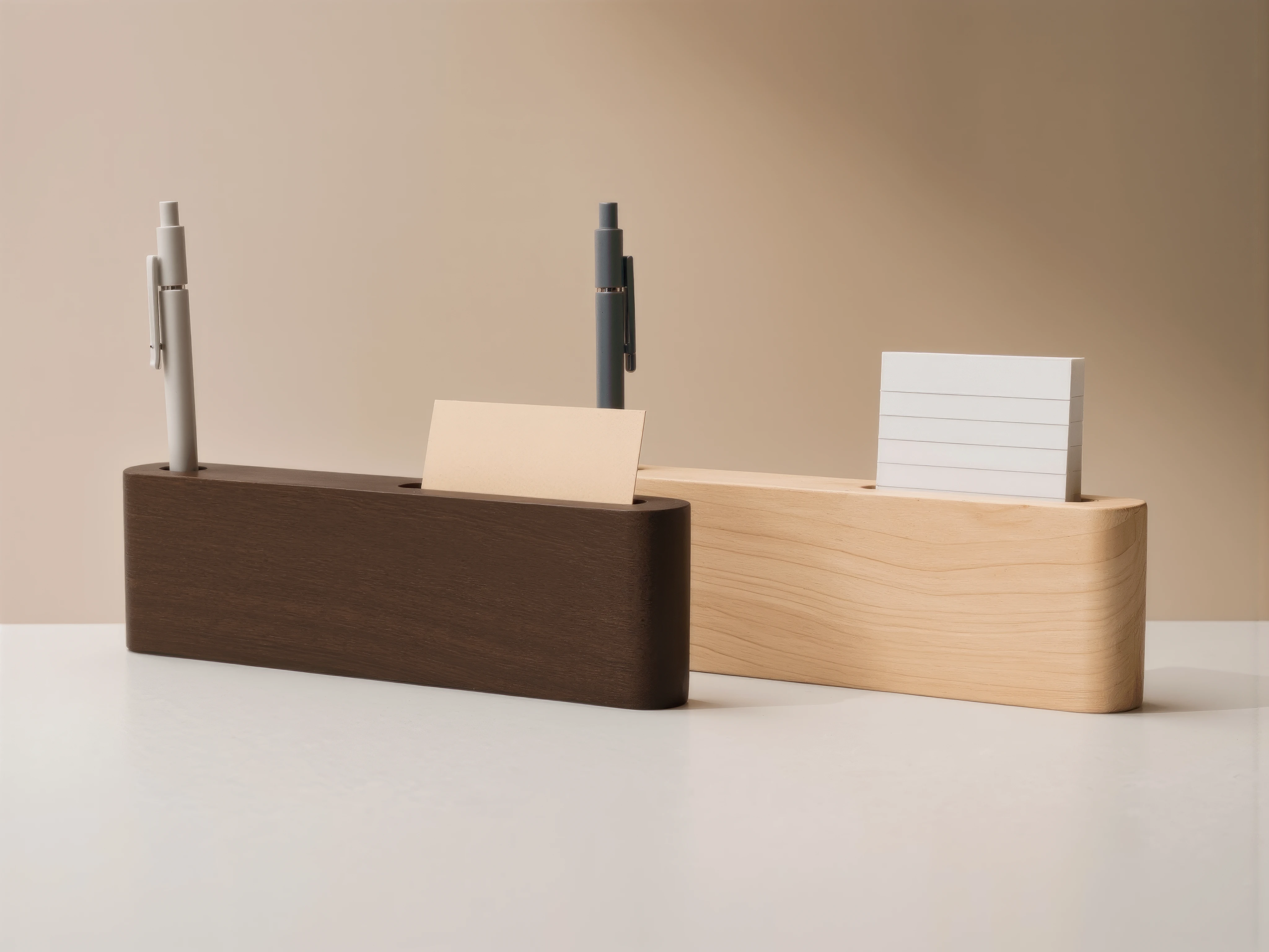 Two MUUJEE wooden desk organizers, in dark walnut and light maple, holding pens and notecards.