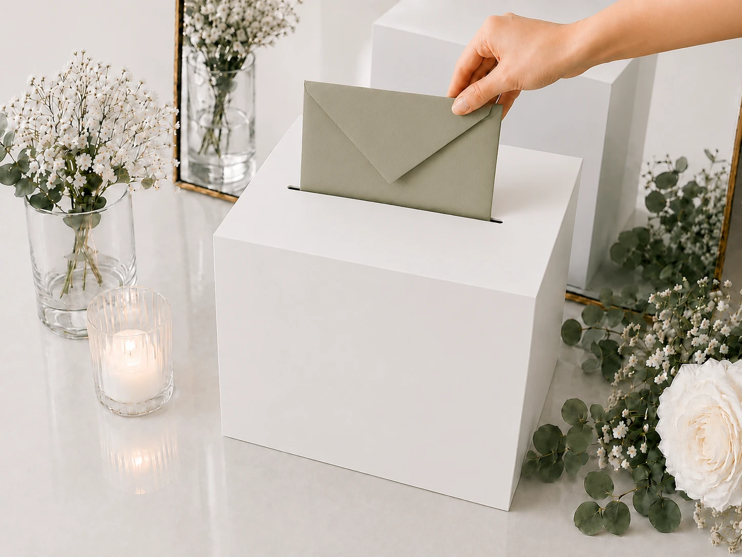 A hand placing a sage green envelope into the slot of a white MUUJEE card box.