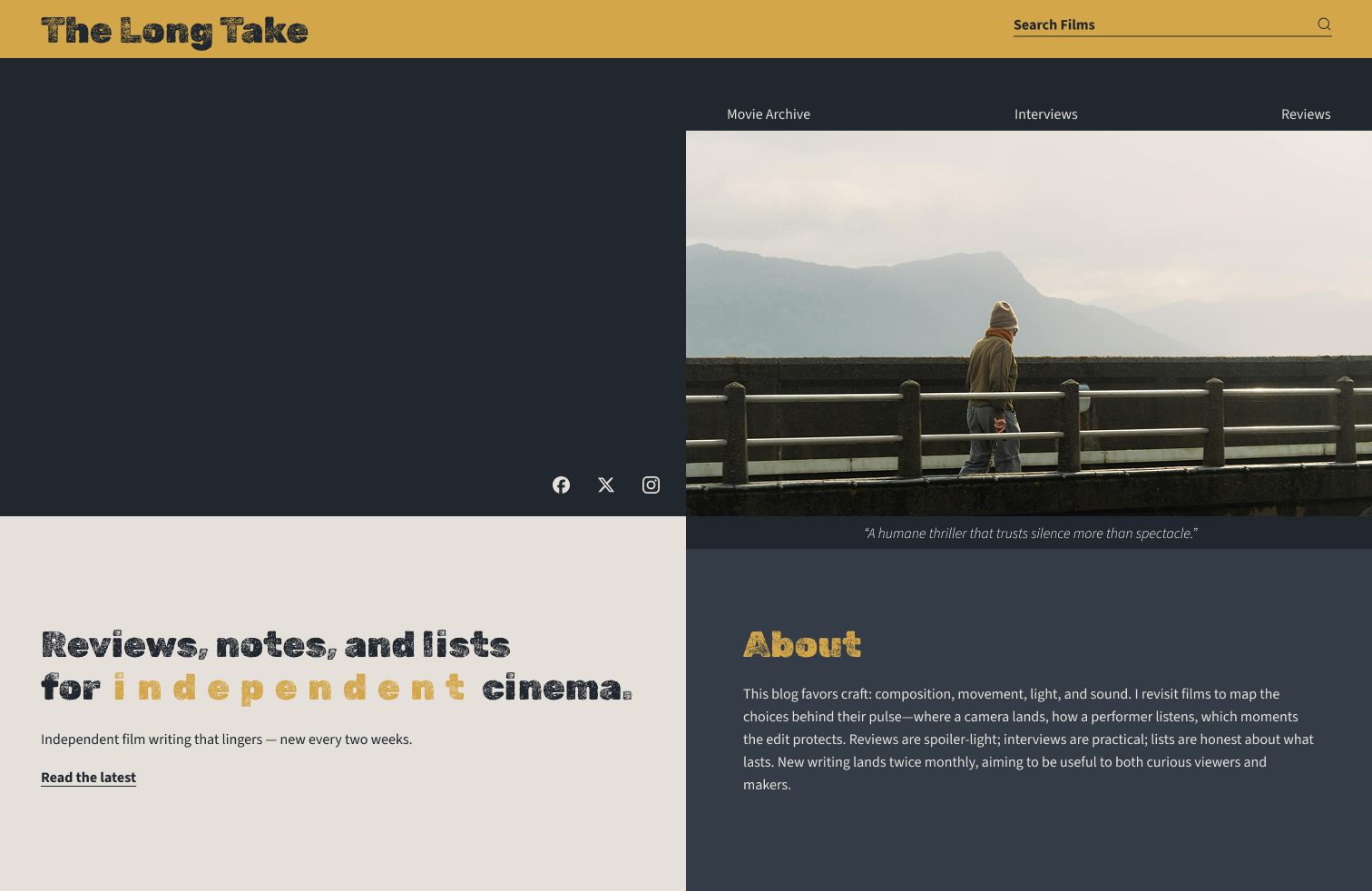 Independent cinema review site with editorial typography and film still imagery.