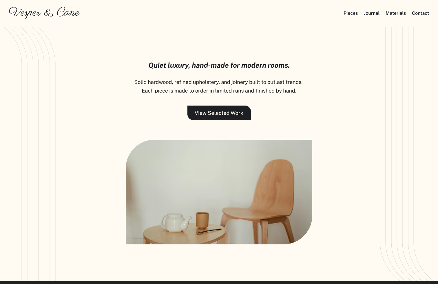 Handmade furniture brand layout with curved line motifs and a clean modern product highlight.