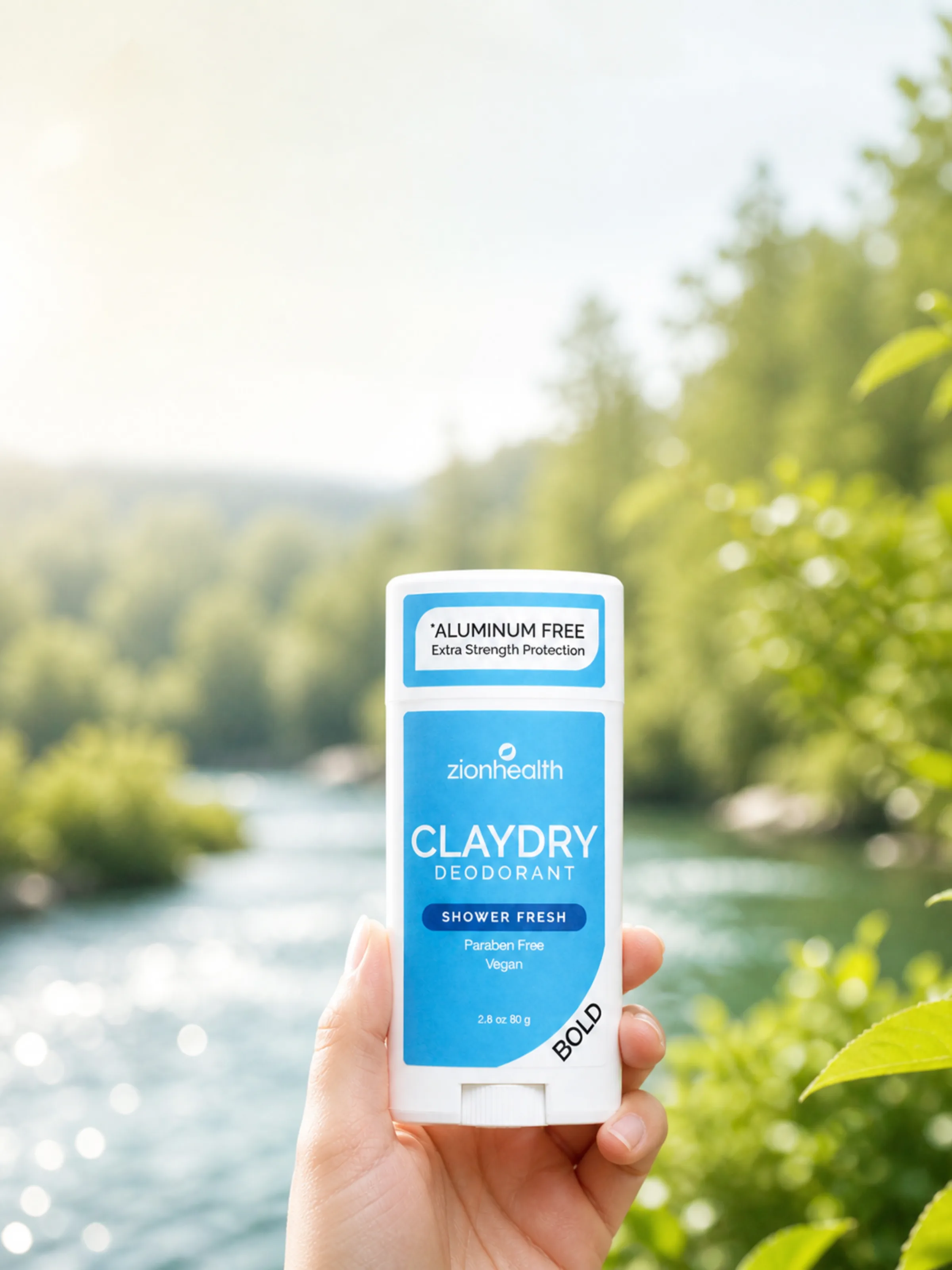 A hand holding Zion Health Claydry Deodorant Shower Fresh Bold in front of a river and forest.