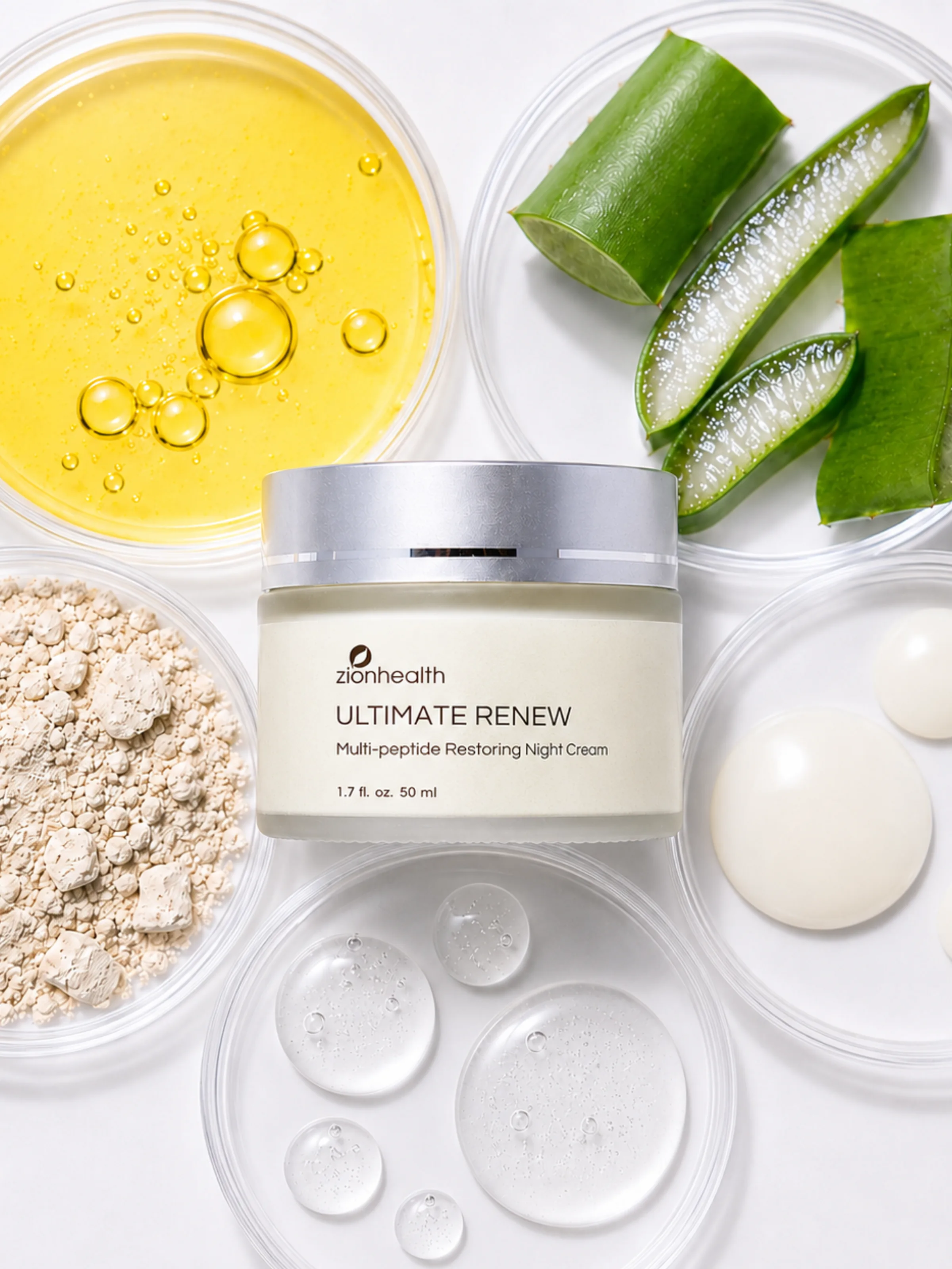 Zion Health Ultimate Renew Multi-Peptide Night Cream surrounded by its key ingredients in petri dishes.