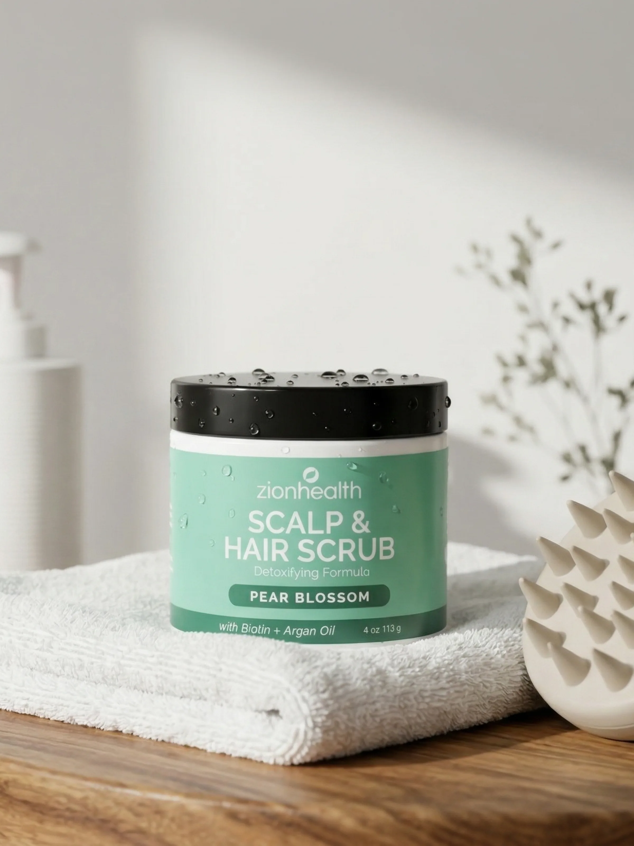 Zion Health Scalp and Hair Scrub in Pear Blossom, with water droplets on the lid, resting on a white towel.