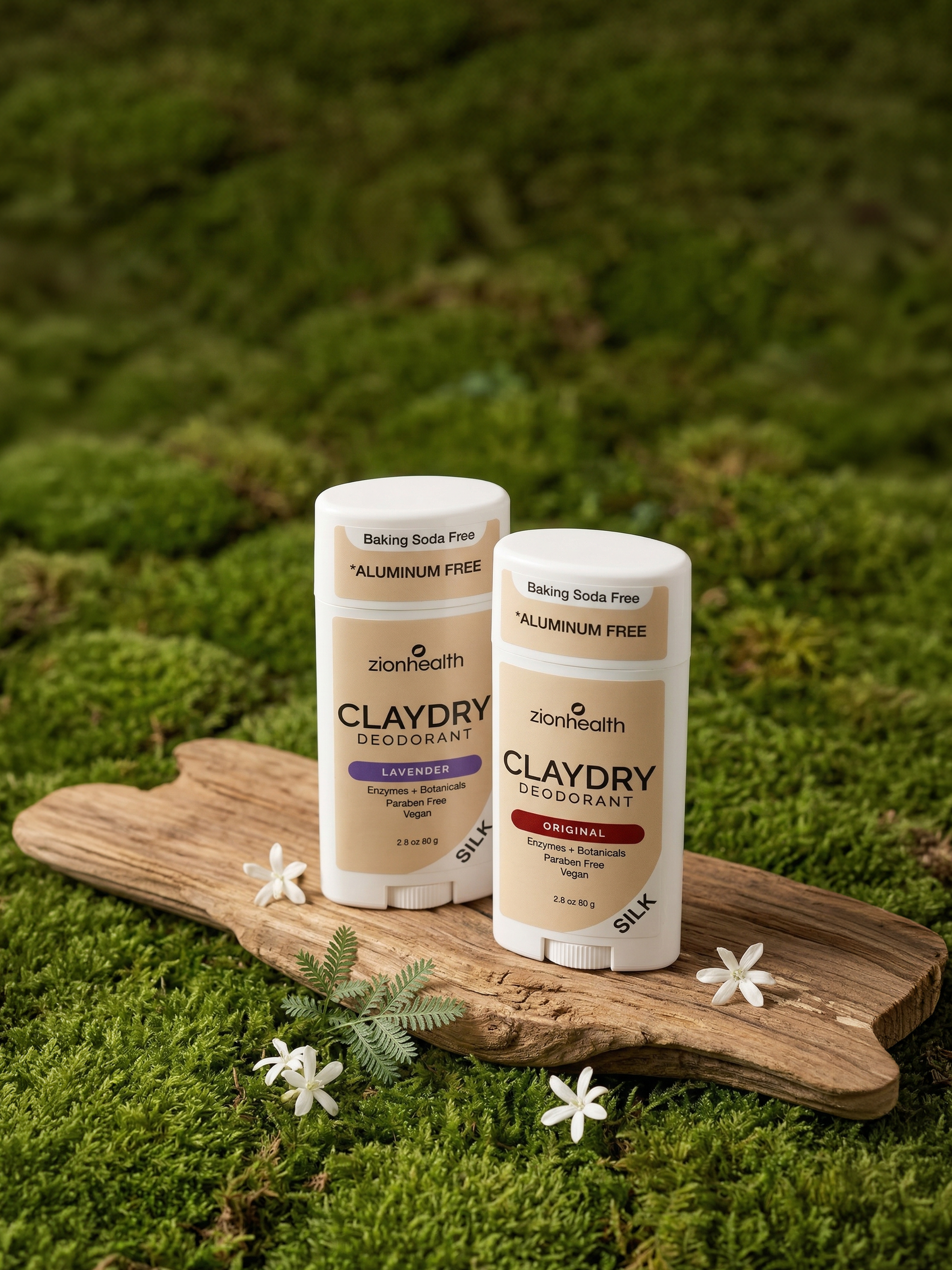 Two Zion Health Claydry Deodorant Silk sticks, Lavender and Original, resting on driftwood among moss and white flowers.